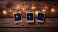 A cozy arrangement of three polaroid photos hanging from string lights. The light adds warmth and charm to the wooden