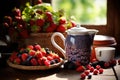 A cozy array of fresh berries in sunlight, nestled next to an elegant teapot, evoking a homely, rustic vibe Royalty Free Stock Photo