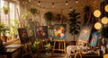 Cozy art studio filled with plants paintings and string lights creates inspiring creative space Royalty Free Stock Photo