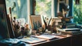 Cozy Artist Workspace with Scattered Art Supplies. Creative Process: The messy workspace with scattered paint and