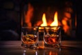 Cozy atmospehere with two whiskey glasses against the fireplace. Created with Generative AI technology