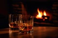 Cozy atmospehere with two whiskey glasses against the fireplace. Created with Generative AI technology