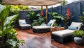 the cozy atmosphere of a homely patio in the back garden with wooden decking, tropical plants and a mini-pool