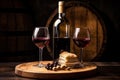 Cozy atmosphere in a rustic winery, red wine bottle mock up, no label, glasses, food, wooden plate