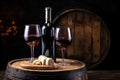 Cozy atmosphere in a rustic winery, red wine bottle mock up, no label, glasses, food, wooden plate