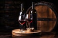 Cozy atmosphere in a rustic winery, red wine bottles mock up, no label, glasses, wooden plate