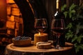 Cozy atmosphere in a rustic winery, wine bottle mock up, no label, glasses, fruits, wooden plate