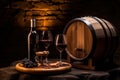 Cozy atmosphere in a rustic winery, wine bottle mock up, no label, glasses, fruits, wooden plate