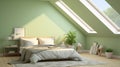 Cozy attic bedroom with green walls and large bed. Generative AI Royalty Free Stock Photo