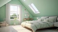 Cozy attic bedroom with green walls and large bed. Generative AI Royalty Free Stock Photo