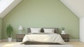 Cozy attic bedroom with green walls and large bed. Generative AI Royalty Free Stock Photo