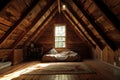 Cozy attic bedroom in rustic cabin home Royalty Free Stock Photo