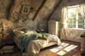 Cozy attic bedroom with rustic charm Royalty Free Stock Photo