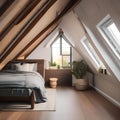 A cozy attic bedroom with slanted ceilings, skylights, and a vintage-inspired design2