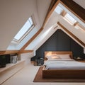 A cozy attic bedroom with sloped ceilings and skylights2