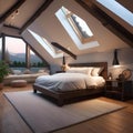A cozy attic bedroom with sloped ceilings and skylights1