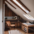 A cozy attic bedroom with wooden beams and a cozy reading corner1