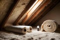 Cozy Attic with Insulation Rolls and Flashlight Royalty Free Stock Photo