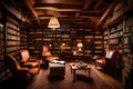 A cozy attic library with rows of old books, vintage armchairs, and warm, ambient lighting for quiet reading