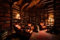A cozy attic library with rows of old books, vintage armchairs, and warm, ambient lighting for quiet reading Royalty Free Stock Photo