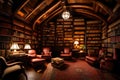 A cozy attic library with rows of old books, vintage armchairs, and warm, ambient lighting for quiet reading