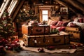 A cozy attic with old trunks filled with vintage Christmas decorations and memories Royalty Free Stock Photo