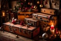 A cozy attic with old trunks filled with vintage Christmas decorations and memories Royalty Free Stock Photo