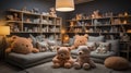 Cozy attic playroom filled with toys, plush animals, and warm lighting under a roof window with a starry night sky view.