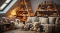 Cozy attic playroom filled with toys, plush animals, and warm lighting under a roof window with a starry night sky view.