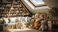 Cozy attic playroom filled with toys, plush animals, and warm lighting under a roof window with a starry night sky view.