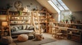 Cozy attic playroom filled with toys, plush animals, and warm lighting under a roof window with a starry night sky view.