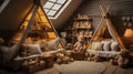 Cozy attic playroom filled with toys, plush animals, and warm lighting under a roof window with a starry night sky view.