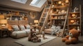 Cozy attic playroom filled with toys, plush animals, and warm lighting under a roof window with a starry night sky view.