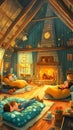 Cozy attic scene with children sleeping on mats by a warm fireplace Royalty Free Stock Photo