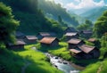 Cozy authentic Indian village, houses against a background of green forest and mountains, mural for room design, Royalty Free Stock Photo