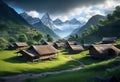 Cozy authentic Indian village, houses against a background of green forest and mountains, mural for room design, Royalty Free Stock Photo