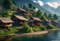 Cozy authentic Indian village, houses against a background of green forest and mountains, mural for room design, Royalty Free Stock Photo