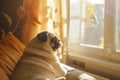 Cozy autumn afternoon with a pug relaxing by the window AI Royalty Free Stock Photo