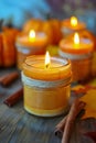 Cozy Autumn Ambience with Glowing Scented Candles, Pumpkins, and Cinnamon Sticks on Wooden Table Seasonal Home Decor and Fragrance