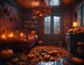 Cozy autumn bedroom interior. Amber leaves, soft lights, pumpkins in the darkness of a rainy night. Concept of Halloween