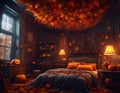 Cozy autumn bedroom interior. Amber leaves, soft lights, pumpkins in the darkness of a rainy night. Concept of Halloween