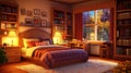 Cozy autumn bedroom, sunset view, bookcases, reading Royalty Free Stock Photo