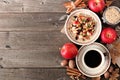 Cozy autumn breakfast scene on rustic wood