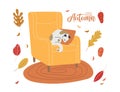 Cozy Autumn. Cat sleeping on Chair with pillow, falling leaves. Pet kitty is resting. Comfy chair. Hand draw animal Royalty Free Stock Photo