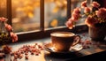 Cozy autumn coffee break hot latte, rustic wood, comforting atmosphere generated by AI Royalty Free Stock Photo
