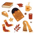 Cozy autumn collection. Hot drink, pie, music record, book, knitted socks, scarf, candle