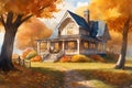 a cozy autumn cottage surrounded by a sea of golden leaves watercolor generative ai
