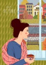 Cozy autumn. Cute flat vector illustration of woman with a cup of tea looking out the window.. Outside the window is an autumn