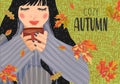 Cozy autumn. Cute horizontal vector illustration of woman with a cup of tea and falling leaves