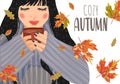 Cozy autumn. Cute horizontal vector illustration of woman with a cup of tea and falling leaves on a white background.